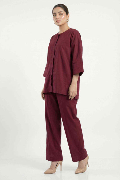 Dark maroon 3/4 sleeve tunic with straight cut and matching cropped wide-leg pants