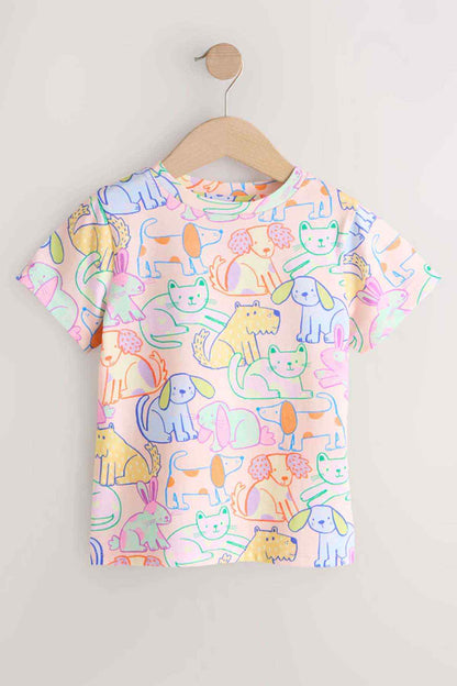 Kids multicolor cartoon animal T-shirt, short sleeves, crew neck