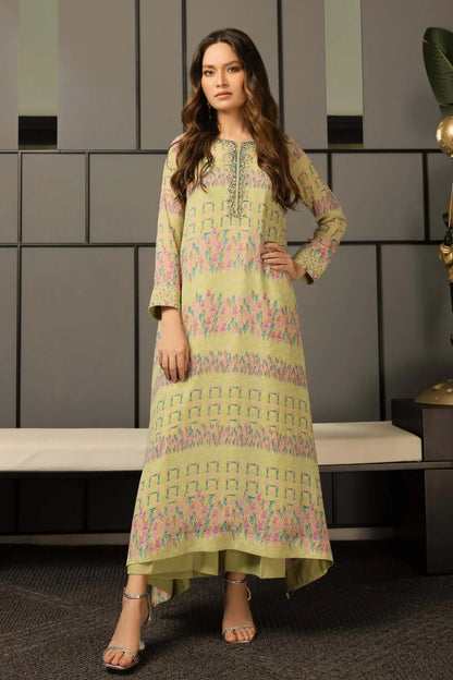 Pistachio printed maxi dress with long sleeves and round neckline