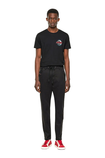 Black drawstring trousers with straight tapered fit and ankle-length hem