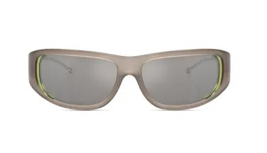 Light taupe sunglasses with gray lenses and green trim along the edges
