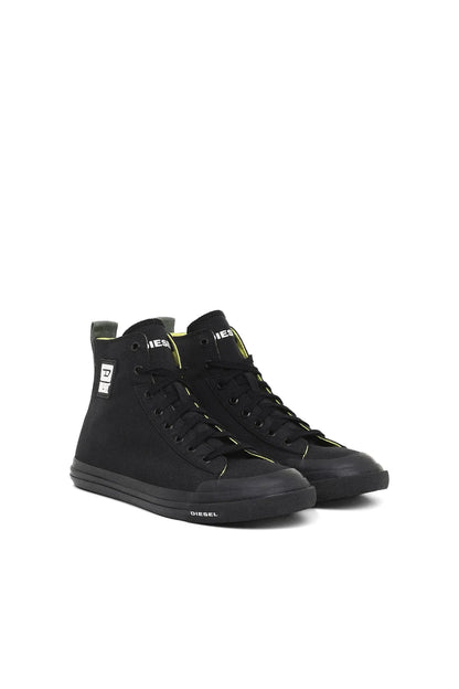 Pair of black high-top sneakers with neon-yellow trim