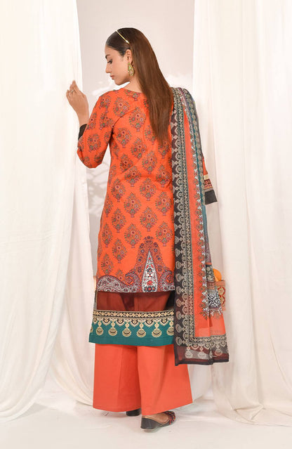 Embroidered orange kurta with teal-gold border and gray dupatta draped over shoulder, pants