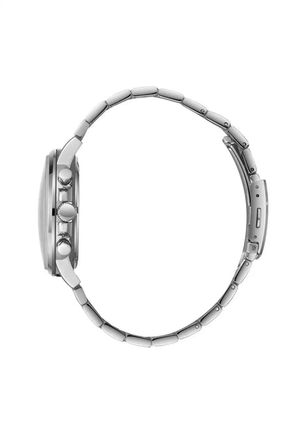 BHPC silver wristwatch side view with metal link band and multiple pushers