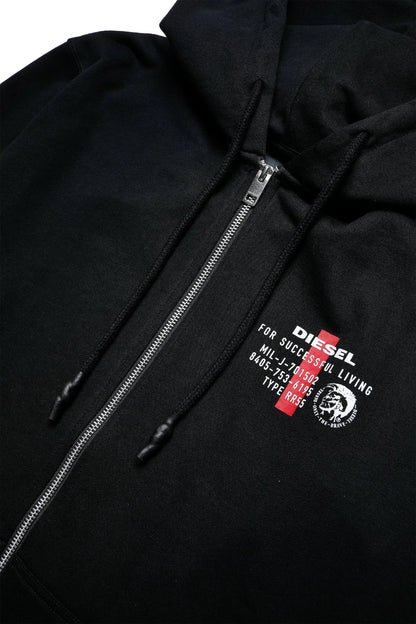 Black zip-up hoodie close-up of front zipper and Diesel logo patch