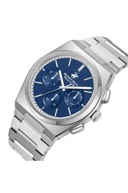 BHPC silver wristwatch, blue dial and three subdials with side crown