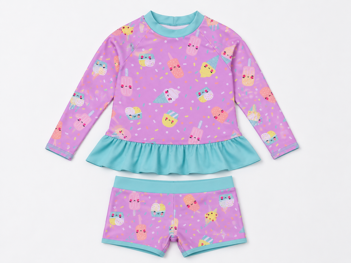 Girls' purple long-sleeve top and shorts set with crew neck and ice-cream prints