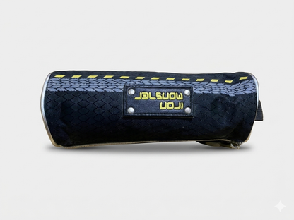Cylindrical pouch with dark blue fabric, yellow stripe, and rectangular logo label