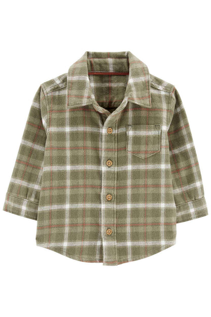 Plaid button-up shirt with brown-and-green checks and collar