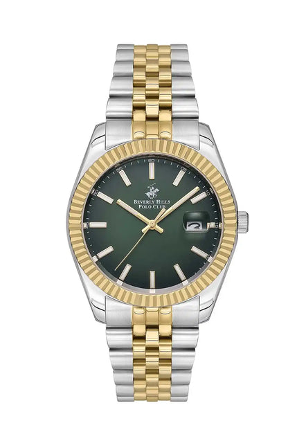 Two-tone metal wristwatch with dark green dial, gold center stripes, and date window