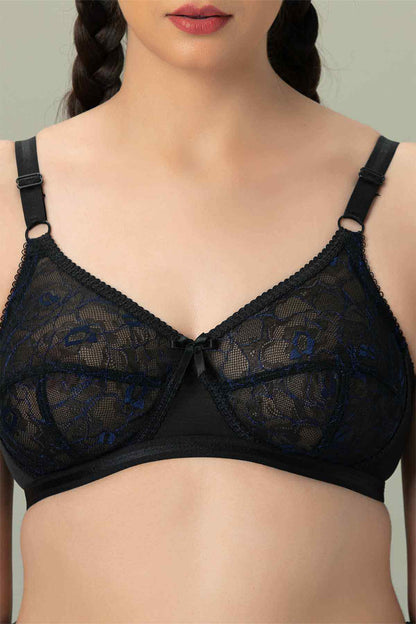 Black lace demi bra with scalloped trim and adjustable straps