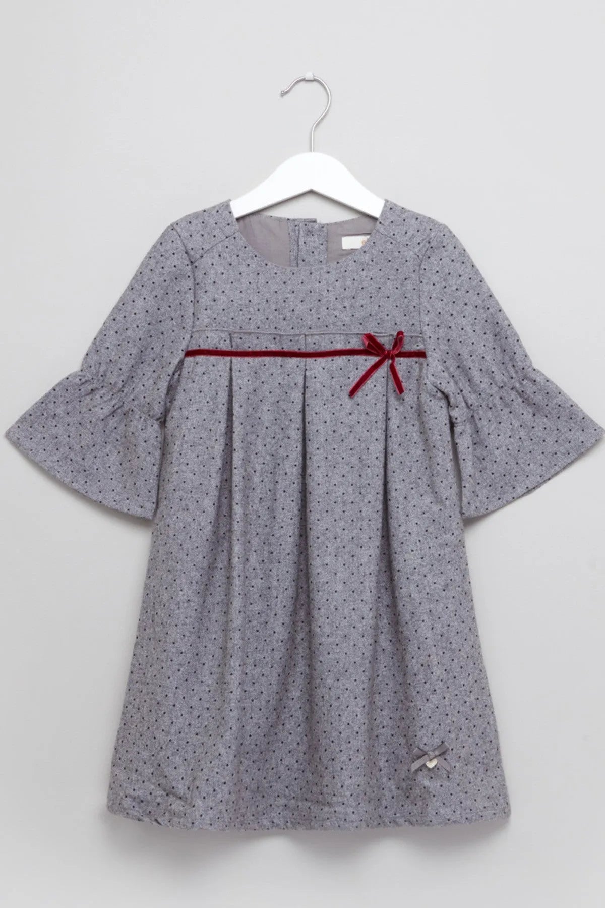 BABYSHOP baby dress, light gray dotted print, red ribbon tie, flared sleeves