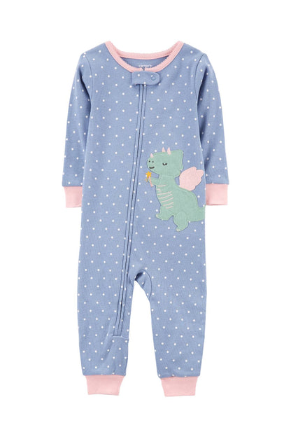 Carter's blue dot print footed pajama sleeper with dinosaur applique and pink cuffs