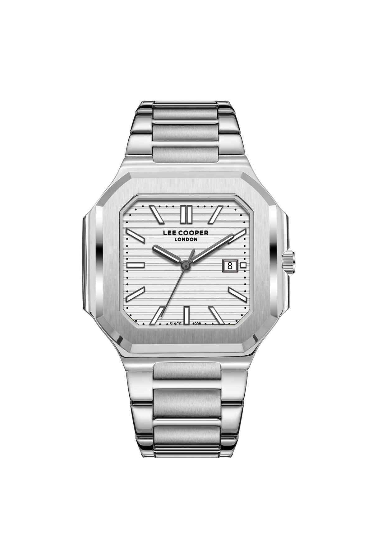Lee Cooper silver metal wristwatch with square dial and date window