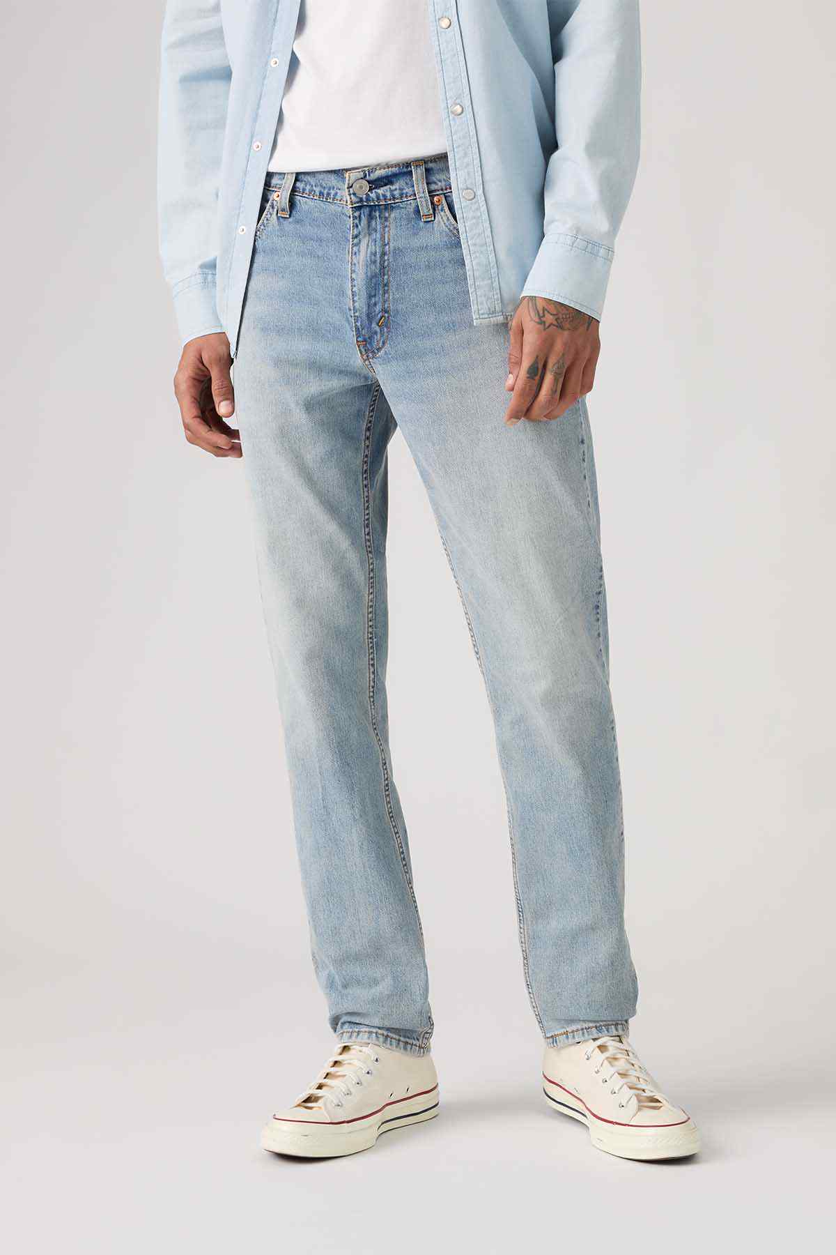 Levi's light-wash denim jeans close-up of front pockets and legs