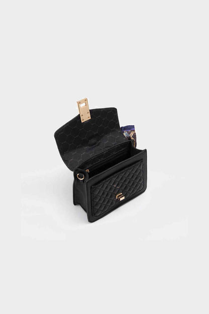 ALDO black quilted handbag with open flap, gold clasp, and scarf detail