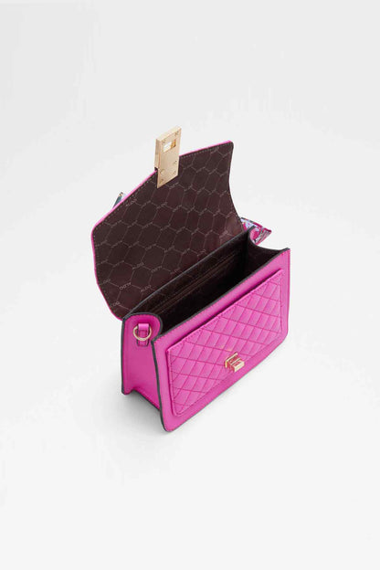 Pink quilted flap handbag with open interior, inner pocket, and gold clasp