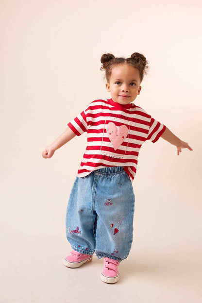 Kids blue denim jogger pants with embroidered motifs and elastic waistband