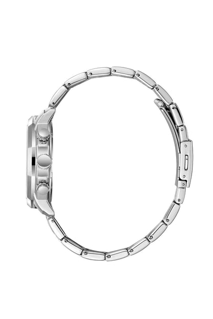 Silver analog watch case and steel bracelet, side view with crown and pushers