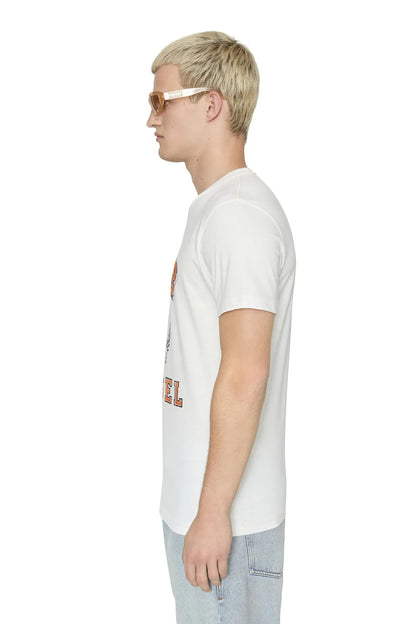White crewneck T-shirt side view with '1978' graphic and logo print