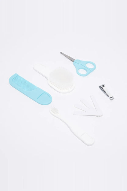 BABYSHOP baby grooming tool set with blue comb, white brush, and small scissors