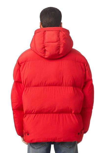 Red hooded puffer jacket back view with quilted panels and hood