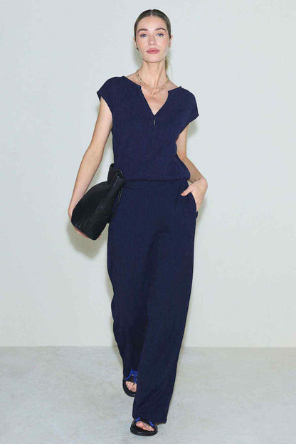 NEXT navy wide-leg trousers with elastic waist, full length and relaxed drape