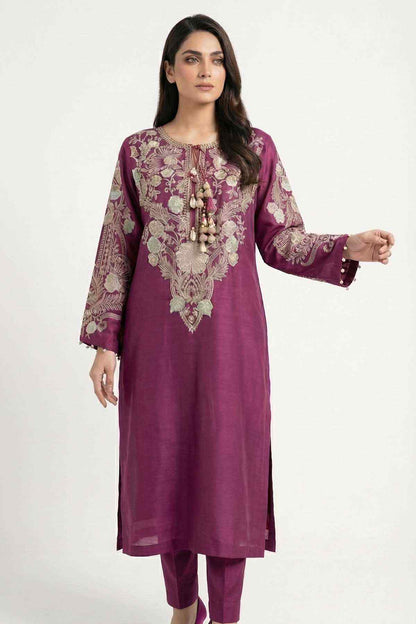Plum long kurta with ornate center embroidery, tassel necklace, and side slit hem.