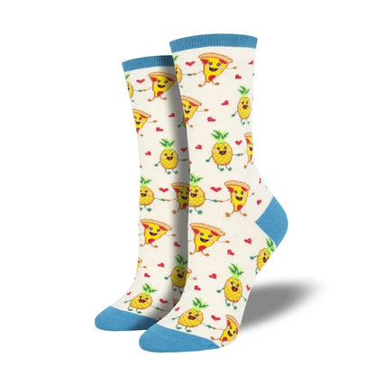 White crew socks with pineapple, taco and hearts print, blue cuffs and toes