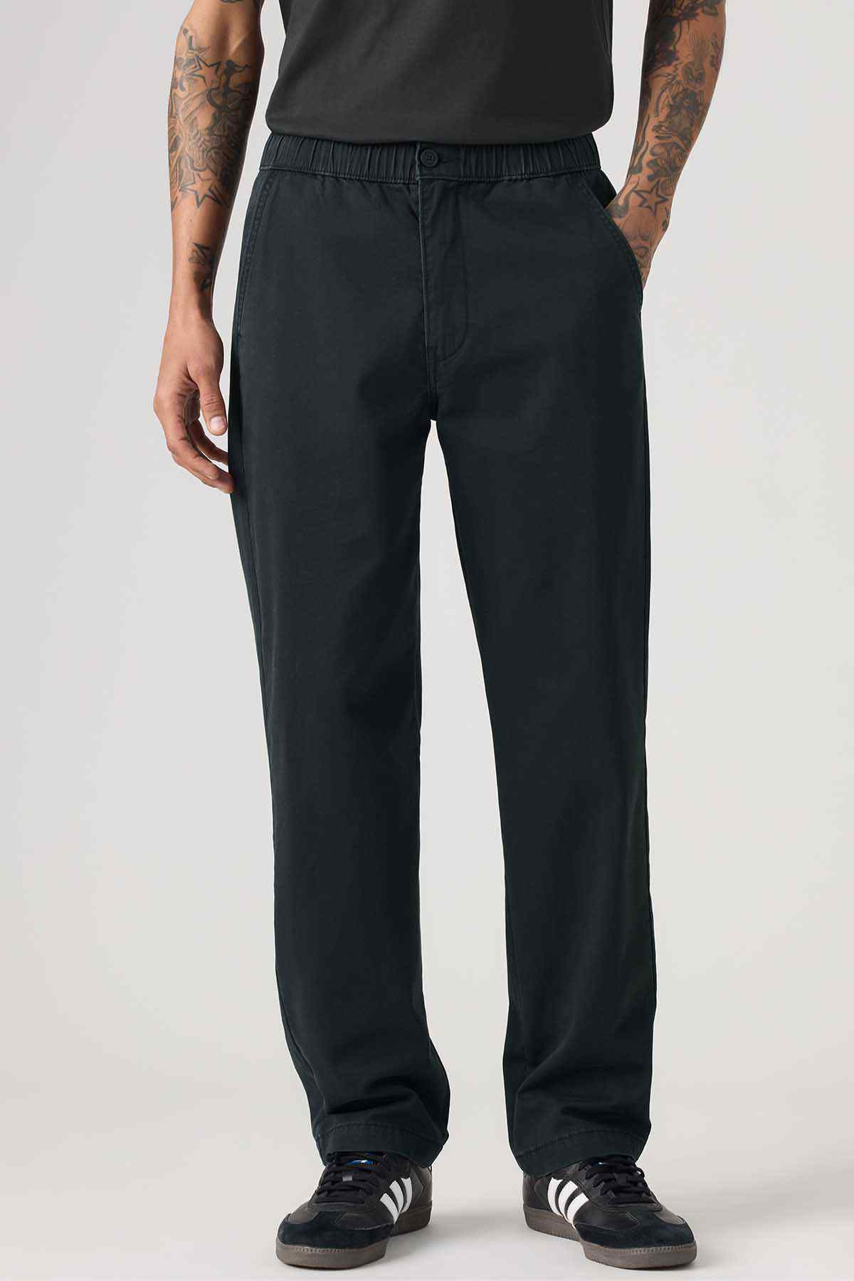 Men's black straight-leg pants with elastic waistband and front seam detail