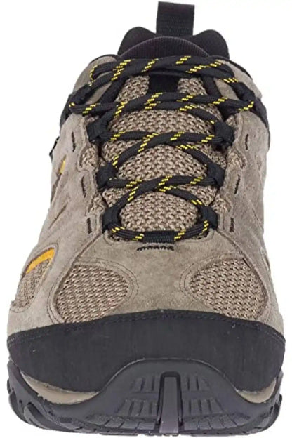 Merrell hiking shoes toe view with lace-up and breathable mesh, durable rubber toe cap.