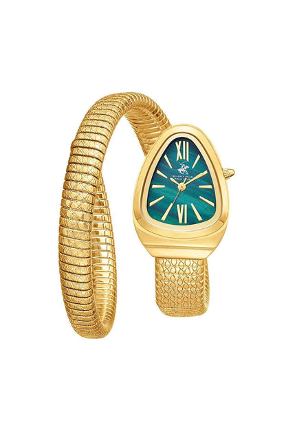 Gold wristwatch with teal dial, Roman numerals, and coiled mesh bracelet strap