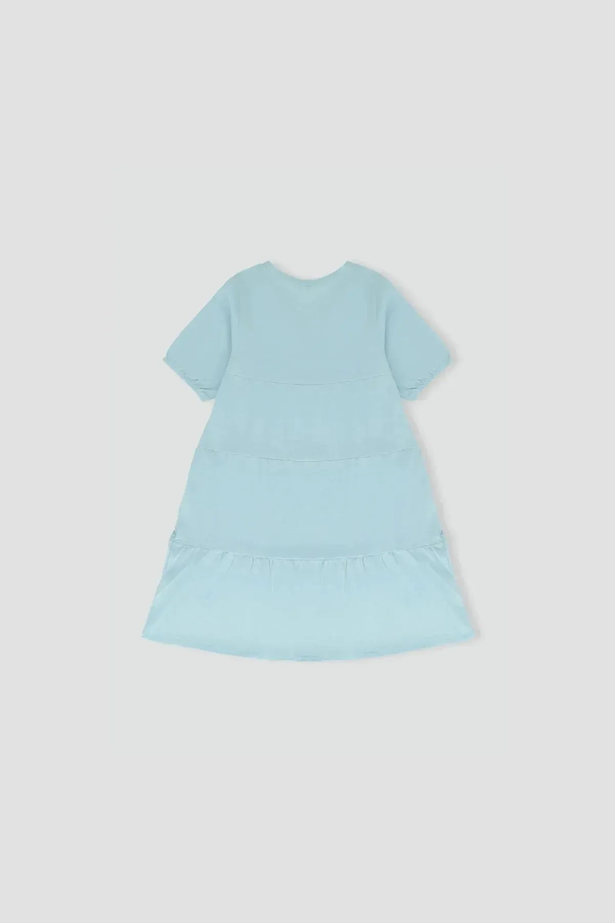 Sky blue girls' short-sleeve tiered dress, back view