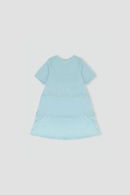 Sky blue girls' short-sleeve tiered dress, back view