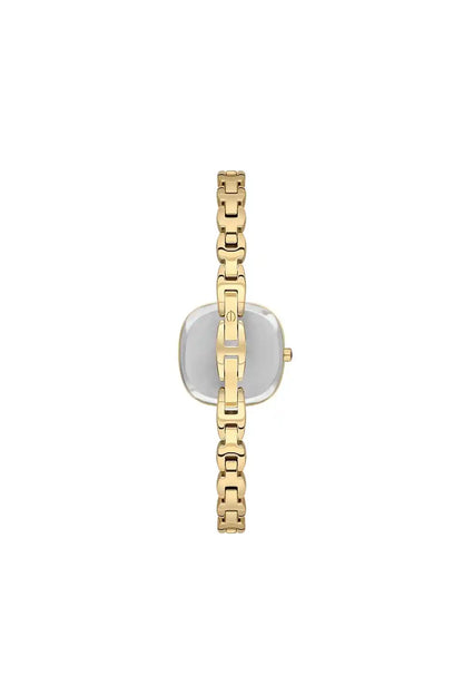 Gold-tone wristwatch, link bracelet and round dial with light face, side view