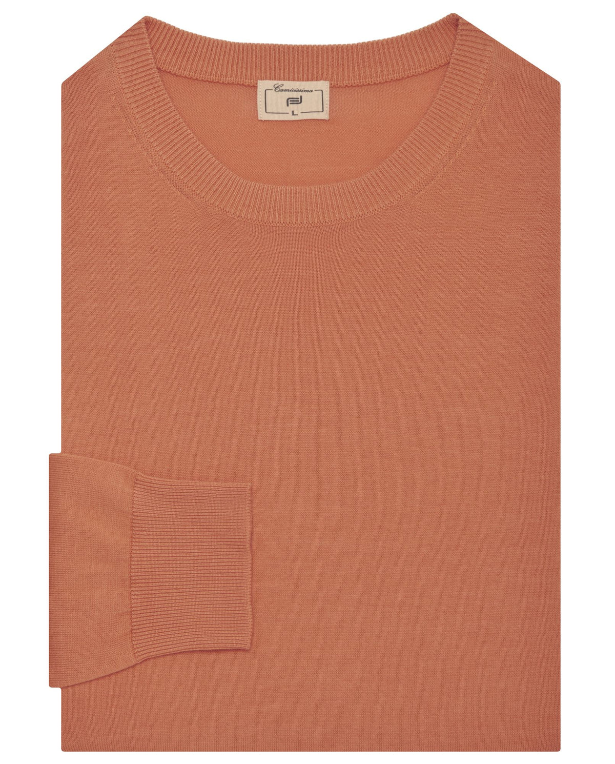Orange crewneck knit sweater with patch pocket detail and long sleeves
