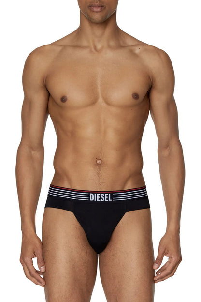 Diesel men's black brief underwear with striped waistband logo, front view
