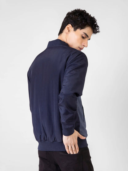Men's blue striped bomber jacket with ribbed cuffs and zip front