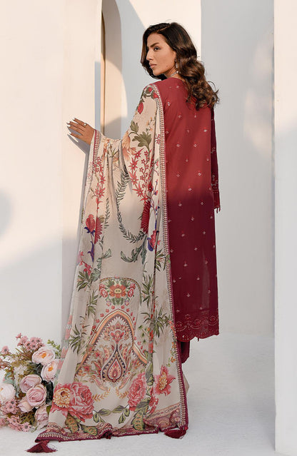 Maroon kurta and cream floral dupatta, back-side view with draped scarf
