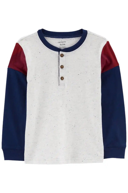 CARTER'S toddler long-sleeve henley shirt, white speckle with navy & red sleeves