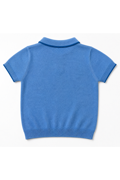 Blue knit polo sweater back with ribbed hem and short sleeves