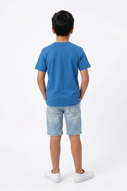 Kids' blue T-shirt and light denim shorts, back view