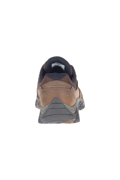 Merrell athletic shoes, rear view in brown with navy collar and lace-up design