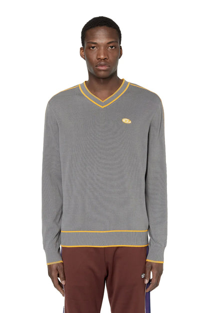 Diesel light grey V-neck sweater with yellow trim and chest logo