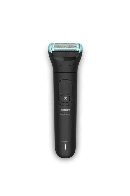Black Philips electric trimmer front view with blue-accent cutting head