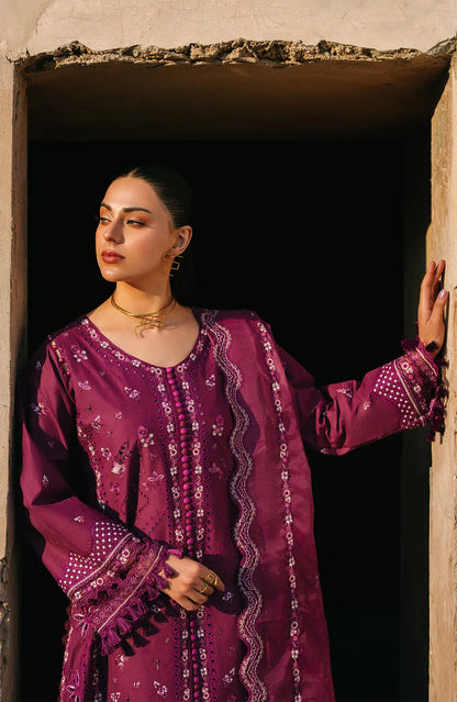 Purple embroidered dress with long cuffed sleeves and scalloped vertical trim
