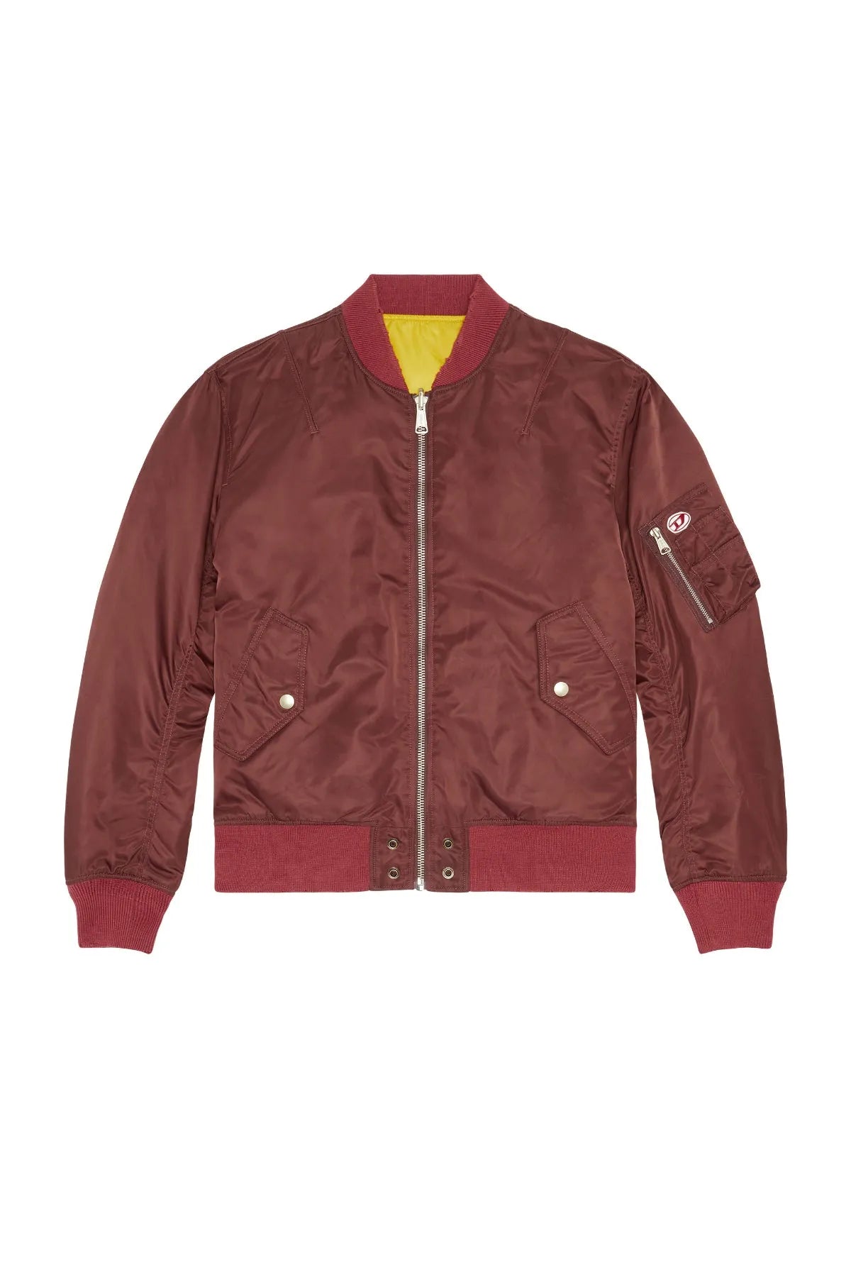 Brown bomber jacket front view with zip closure, snap pockets, and ribbed trim