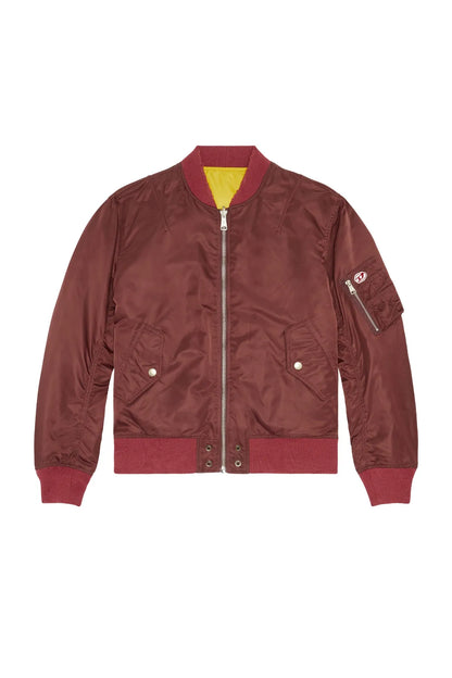 Brown bomber jacket front view with zip closure, snap pockets, and ribbed trim
