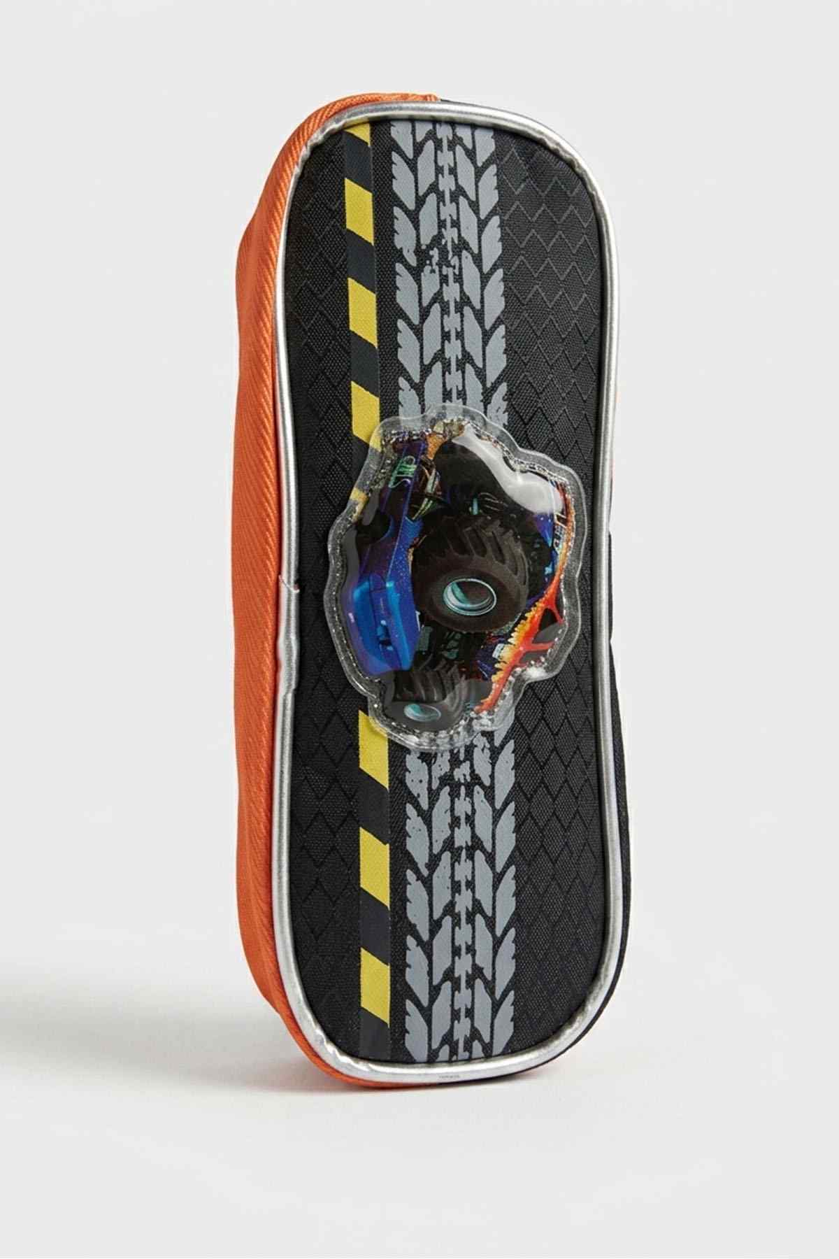 BABYSHOP pencil case, black with yellow stripe and orange trim, zipper top