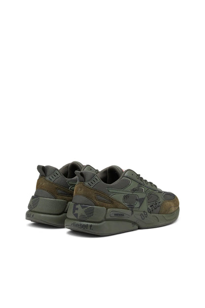 Diesel olive green lace-up sneakers shown as a pair, angled side view